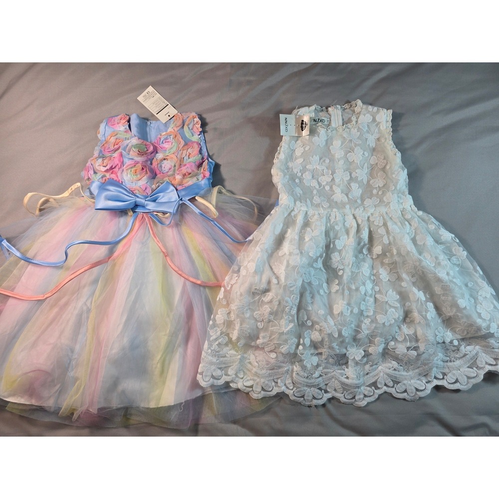 NNJXD Special Occasion Dresses Girls 4-5 Years Rainbow Tulle White Lace Lot of 2